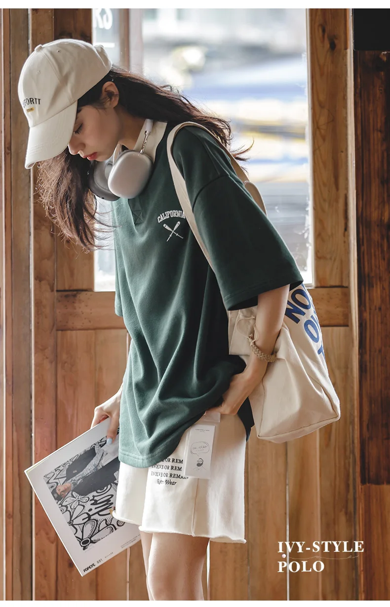Maden Women's Oversized Polo Shirt Green White Color Block Drop Shoulder Short Sleeve Cotton Summer Casual Top