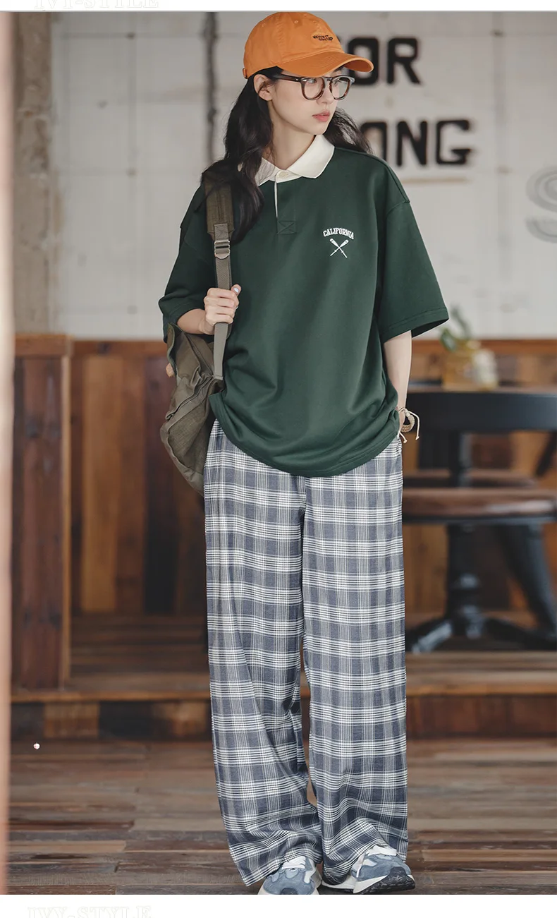 Maden Women's Oversized Polo Shirt Green White Color Block Drop Shoulder Short Sleeve Cotton Summer Casual Top