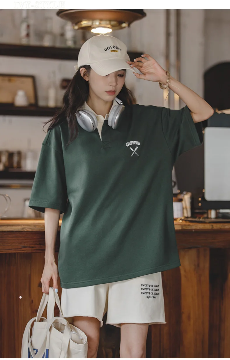 Maden Women's Oversized Polo Shirt Green White Color Block Drop Shoulder Short Sleeve Cotton Summer Casual Top