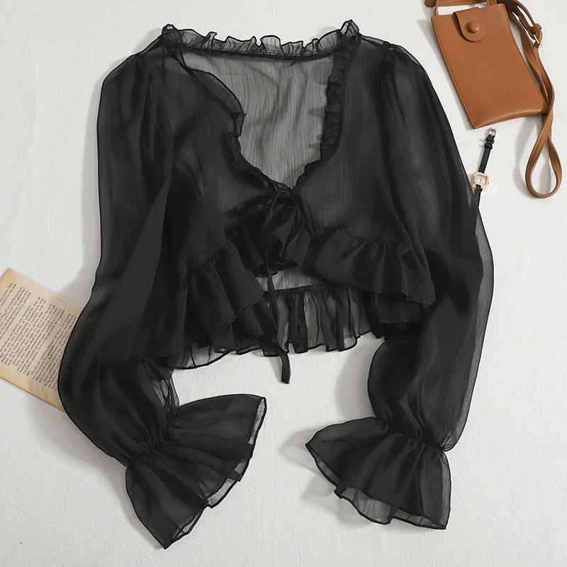 2025 Flounce Chiffon Sunscreen Shirt Women Summer Ice Silk Solid Thin Sweet Ruched Flare Sleeve V-neck Cardigans Female