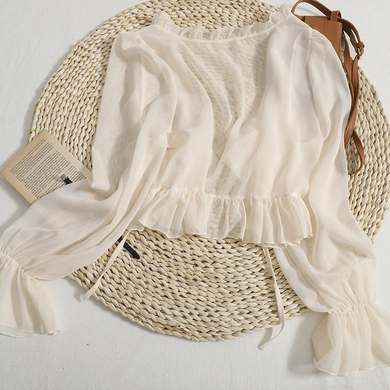 2025 Flounce Chiffon Sunscreen Shirt Women Summer Ice Silk Solid Thin Sweet Ruched Flare Sleeve V-neck Cardigans Female