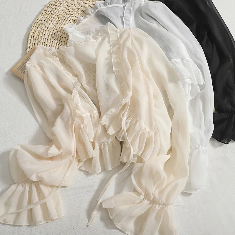 2025 Flounce Chiffon Sunscreen Shirt Women Summer Ice Silk Solid Thin Sweet Ruched Flare Sleeve V-neck Cardigans Female