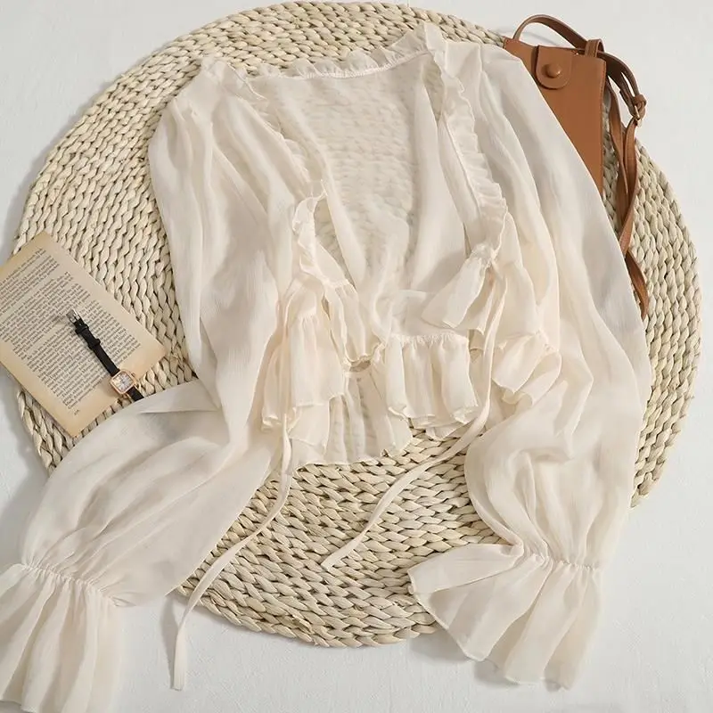 2025 Flounce Chiffon Sunscreen Shirt Women Summer Ice Silk Solid Thin Sweet Ruched Flare Sleeve V-neck Cardigans Female