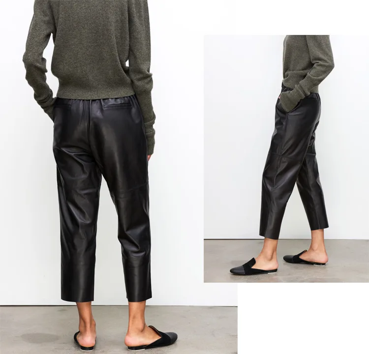 Genuine Leather Harem Pants Women Real Sheepskin Trousers High Elastic Waist 2026 New Streetwear Plus Size Pants Y2k Fashion