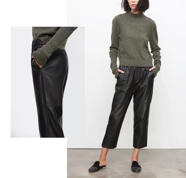 Genuine Leather Harem Pants Women Real Sheepskin Trousers High Elastic Waist 2026 New Streetwear Plus Size Pants Y2k Fashion