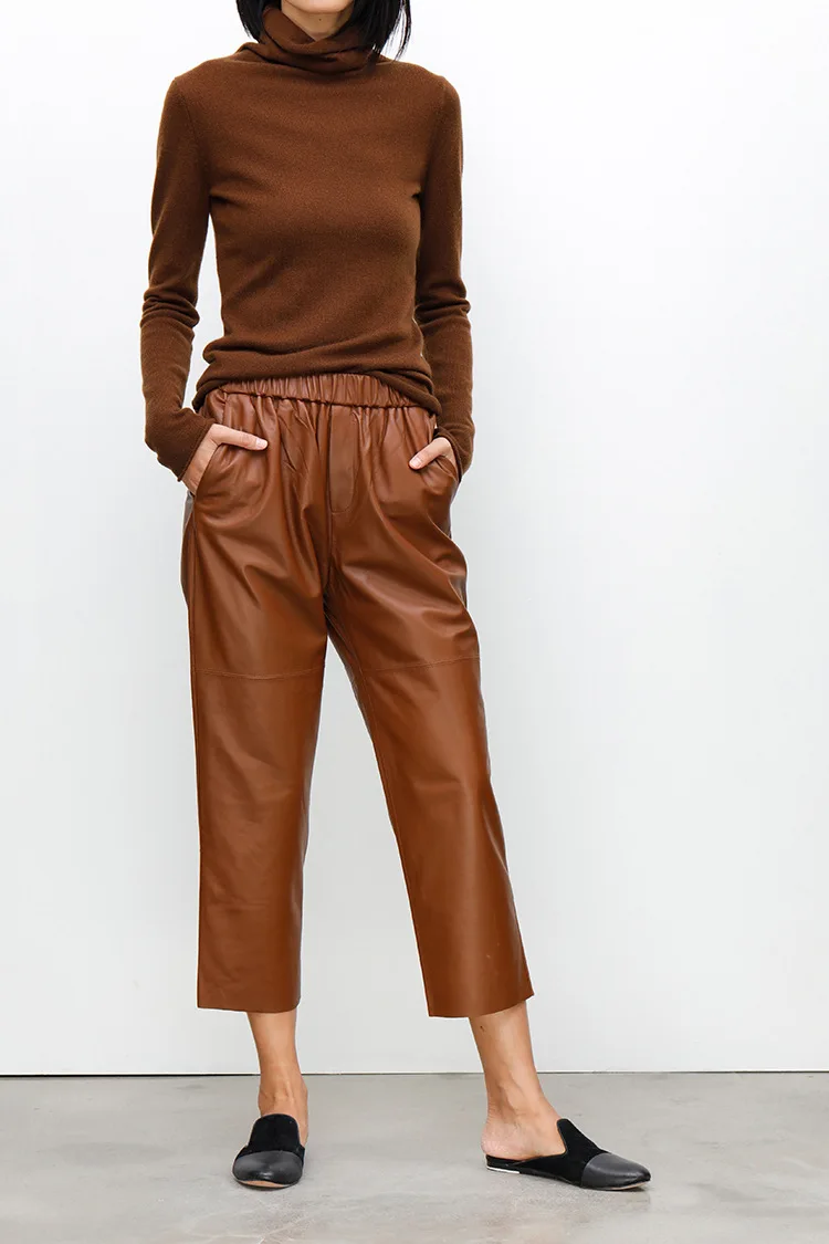 Genuine Leather Harem Pants Women Real Sheepskin Trousers High Elastic Waist 2026 New Streetwear Plus Size Pants Y2k Fashion