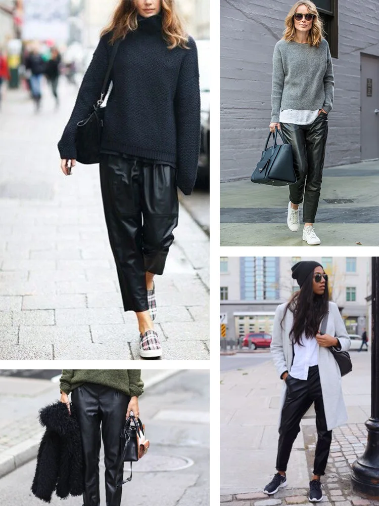 Genuine Leather Harem Pants Women Real Sheepskin Trousers High Elastic Waist 2026 New Streetwear Plus Size Pants Y2k Fashion