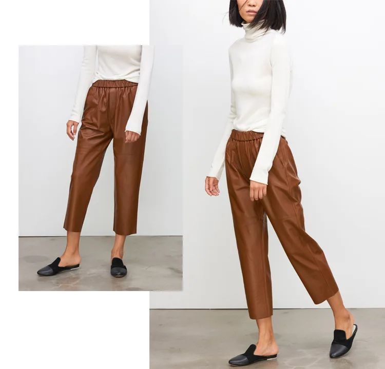Genuine Leather Harem Pants Women Real Sheepskin Trousers High Elastic Waist 2026 New Streetwear Plus Size Pants Y2k Fashion
