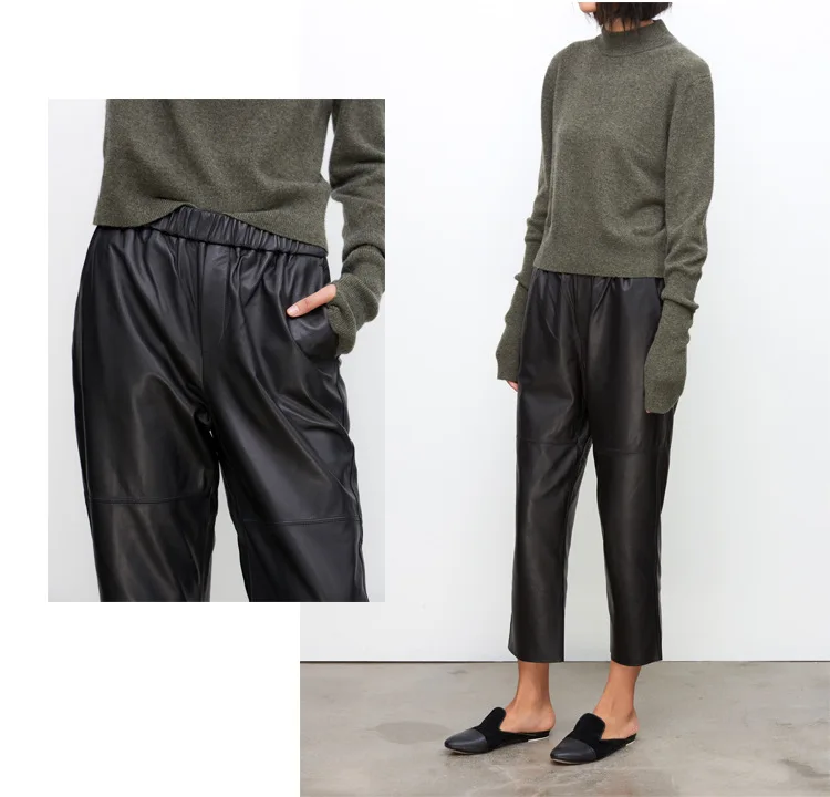 Genuine Leather Harem Pants Women Real Sheepskin Trousers High Elastic Waist 2026 New Streetwear Plus Size Pants Y2k Fashion