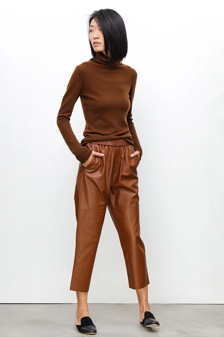 Genuine Leather Harem Pants Women Real Sheepskin Trousers High Elastic Waist 2026 New Streetwear Plus Size Pants Y2k Fashion