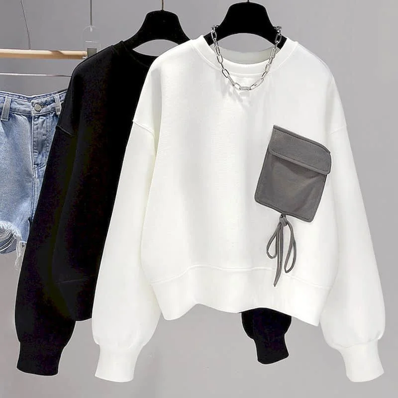 Fashion Design Pullovers Women Niche Pocket O-neck Tops Casual Loose Long Sleeve T Shirt Korean Style Pullover Spring Autumn Top