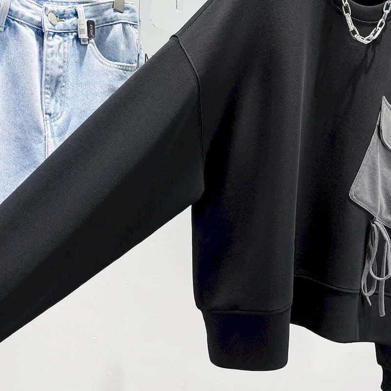 Fashion Design Pullovers Women Niche Pocket O-neck Tops Casual Loose Long Sleeve T Shirt Korean Style Pullover Spring Autumn Top