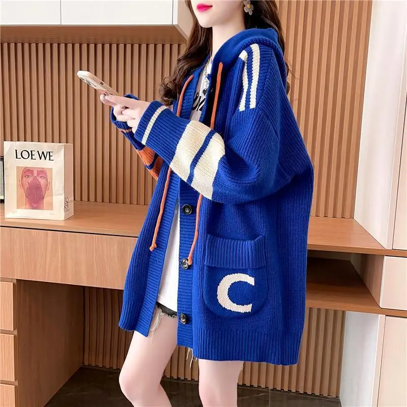 Lazy Style Hooded Sweater Cardigan Women's Mid Length Korean Version 2023 New Loose Knit Jacket Winter Clothes Women Sweater