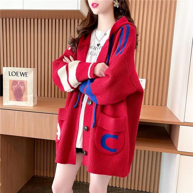Lazy Style Hooded Sweater Cardigan Women's Mid Length Korean Version 2023 New Loose Knit Jacket Winter Clothes Women Sweater