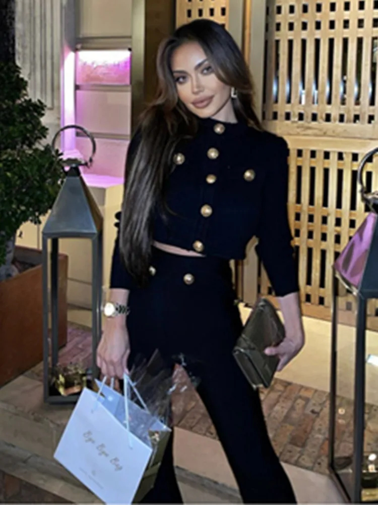 New Autumn Style Black Color Women Long Sleeve Button Rayon Bandage Coat Pants Fashion Women's Set High Street Celebrate Wear