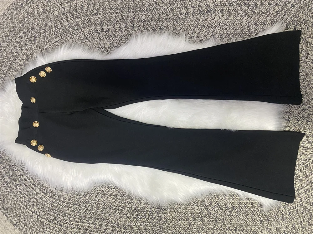 New Autumn Style Black Color Women Long Sleeve Button Rayon Bandage Coat Pants Fashion Women's Set High Street Celebrate Wear