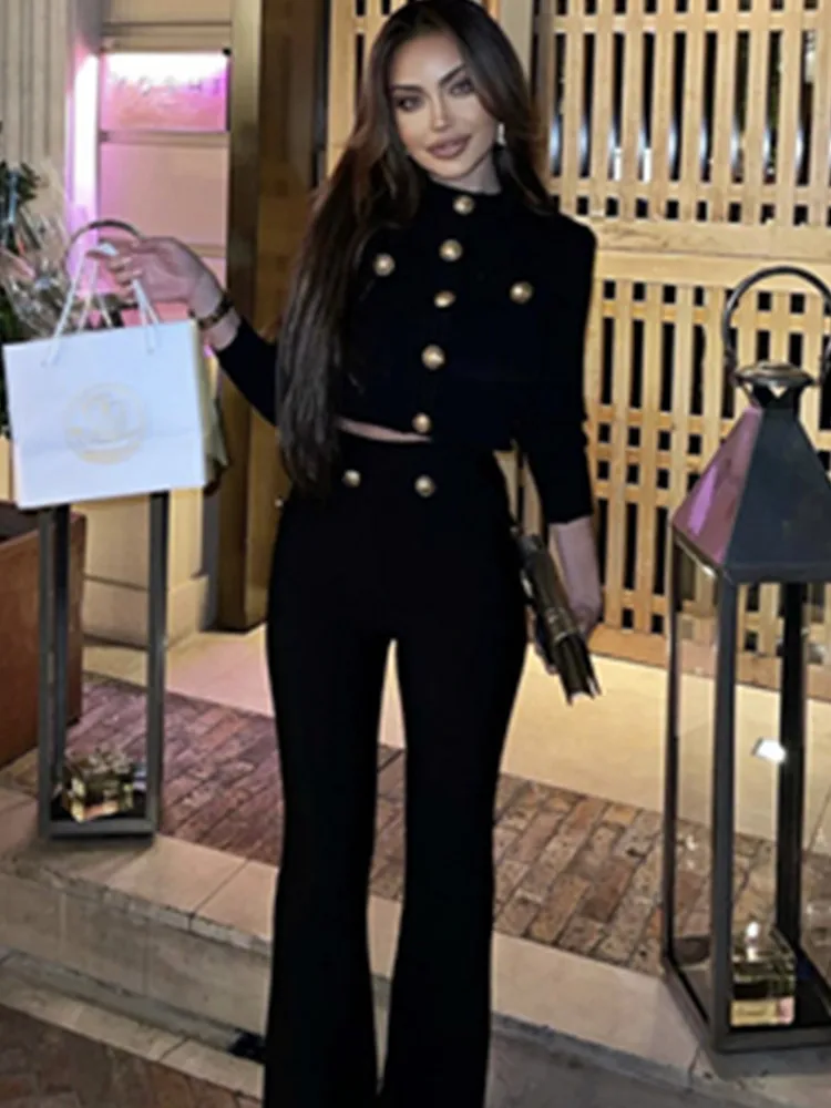 New Autumn Style Black Color Women Long Sleeve Button Rayon Bandage Coat Pants Fashion Women's Set High Street Celebrate Wear