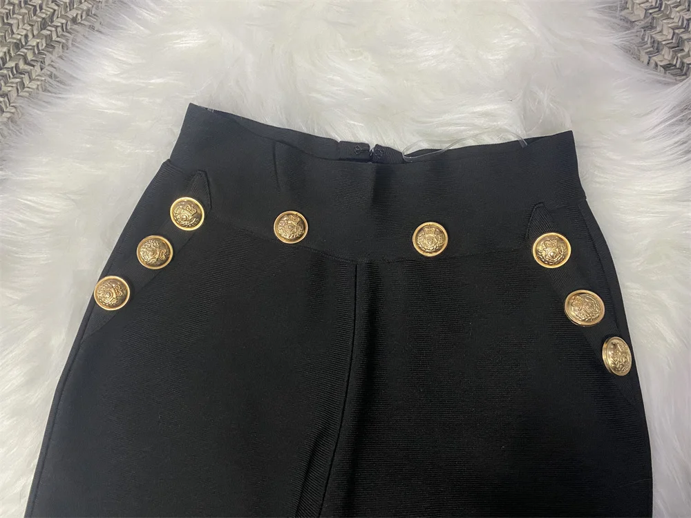 New Autumn Style Black Color Women Long Sleeve Button Rayon Bandage Coat Pants Fashion Women's Set High Street Celebrate Wear