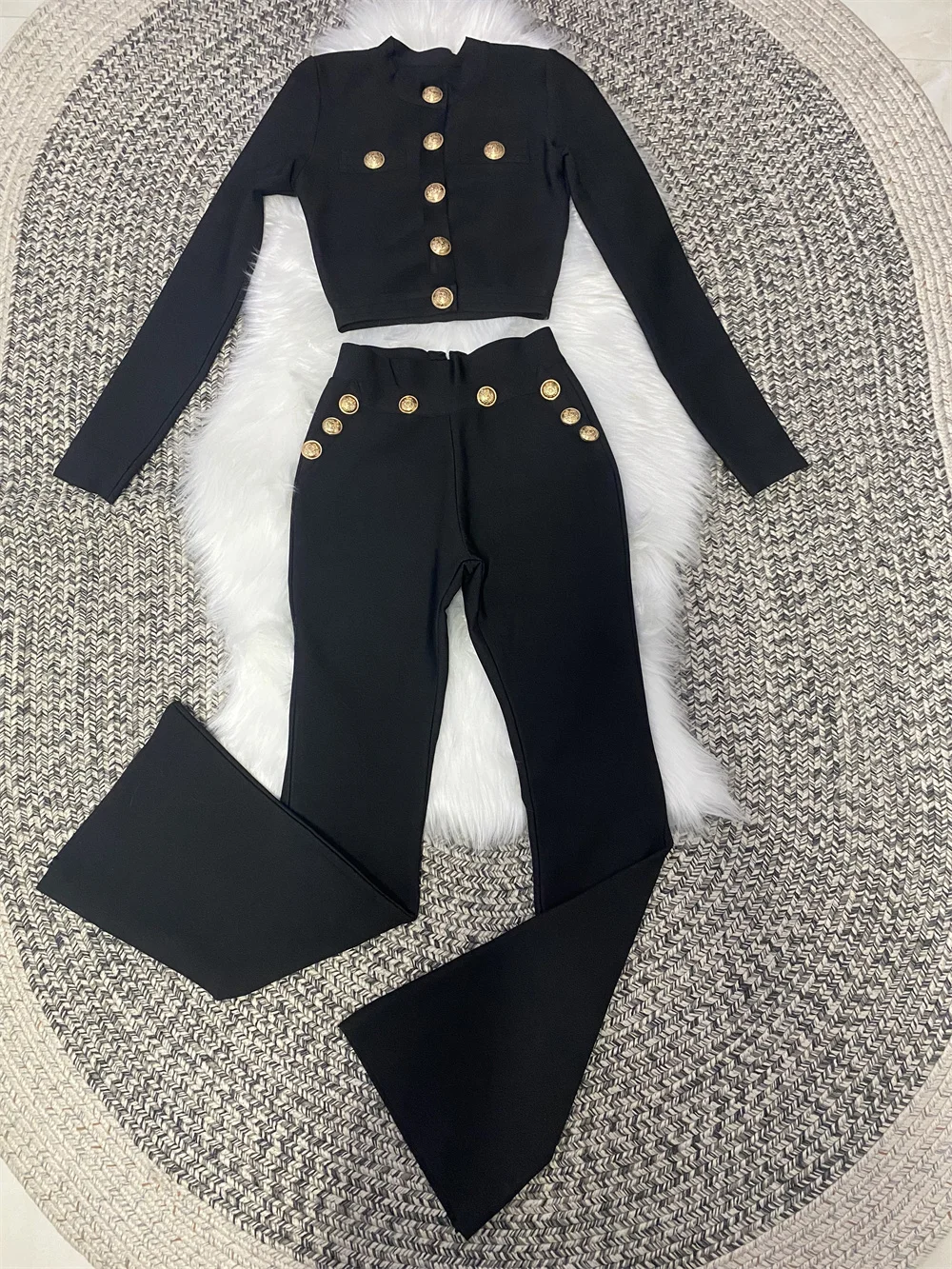 New Autumn Style Black Color Women Long Sleeve Button Rayon Bandage Coat Pants Fashion Women's Set High Street Celebrate Wear