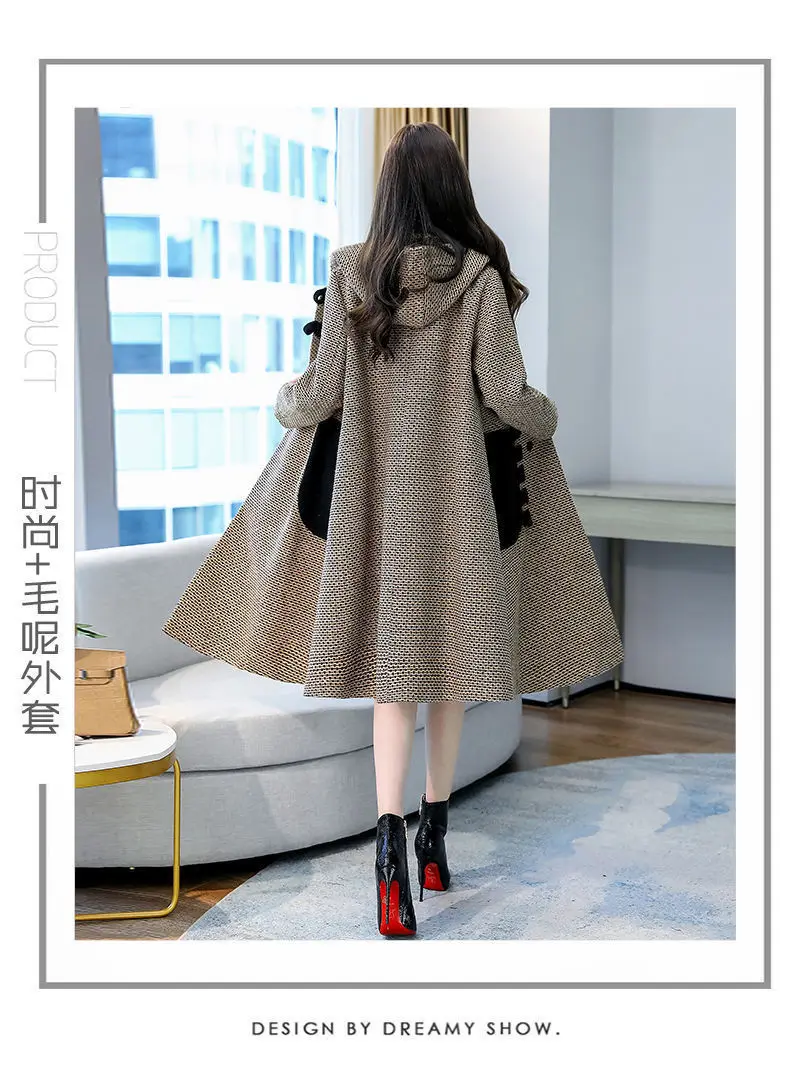 New Autumn Winter Woolen Jacket Female Outerwear Korean Fashion Loose Cape Coat Women's Overcoat Mid-Llength Tweed Casual Tops