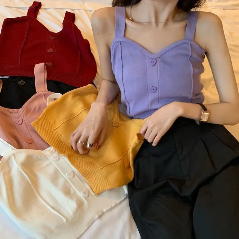 Tank Top Spaghetti Strap Women Summer Fashion 2026 Y2K Cute Korean Knitted Button Tight Casual Vest Crop Top Purple Camis Female