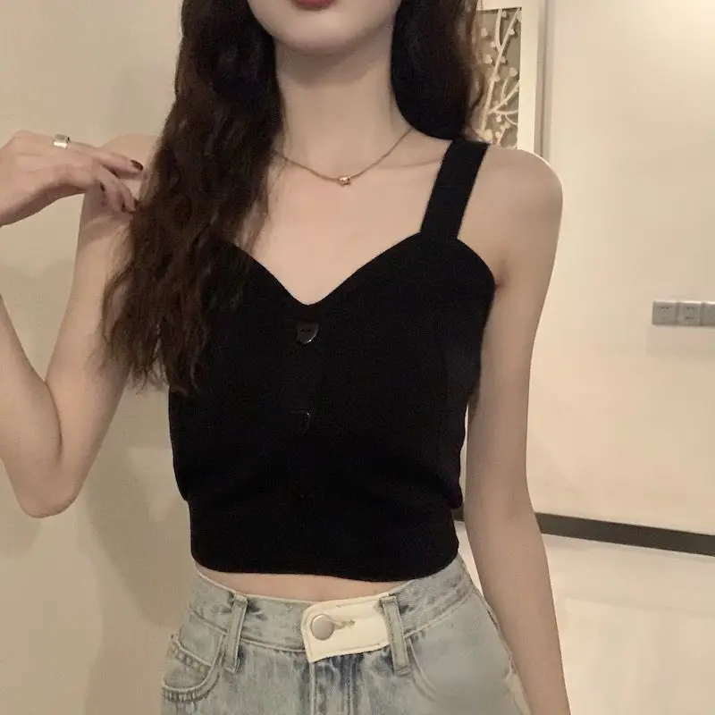 Tank Top Spaghetti Strap Women Summer Fashion 2026 Y2K Cute Korean Knitted Button Tight Casual Vest Crop Top Purple Camis Female