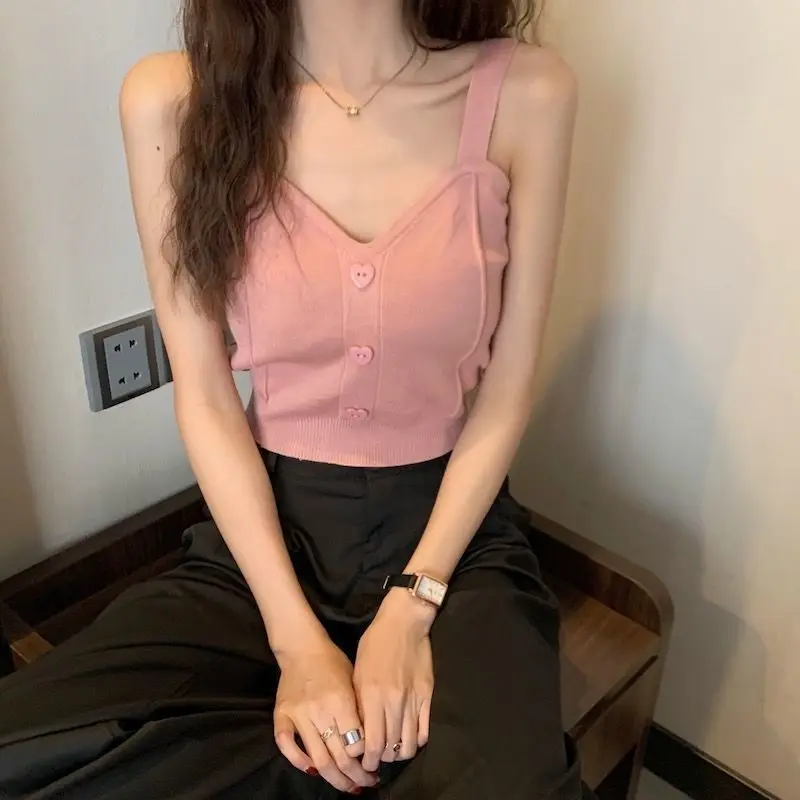 Tank Top Spaghetti Strap Women Summer Fashion 2026 Y2K Cute Korean Knitted Button Tight Casual Vest Crop Top Purple Camis Female