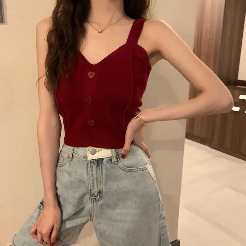 Tank Top Spaghetti Strap Women Summer Fashion 2026 Y2K Cute Korean Knitted Button Tight Casual Vest Crop Top Purple Camis Female