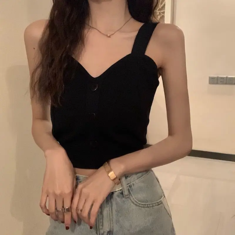 Tank Top Spaghetti Strap Women Summer Fashion 2026 Y2K Cute Korean Knitted Button Tight Casual Vest Crop Top Purple Camis Female