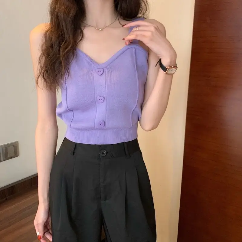 Tank Top Spaghetti Strap Women Summer Fashion 2026 Y2K Cute Korean Knitted Button Tight Casual Vest Crop Top Purple Camis Female