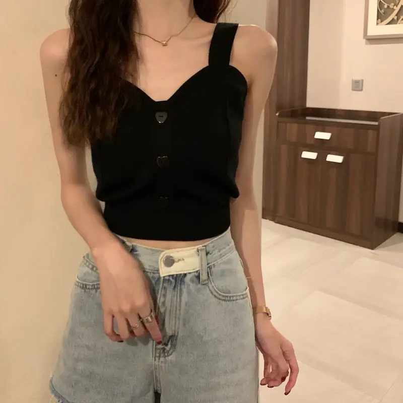 Tank Top Spaghetti Strap Women Summer Fashion 2026 Y2K Cute Korean Knitted Button Tight Casual Vest Crop Top Purple Camis Female