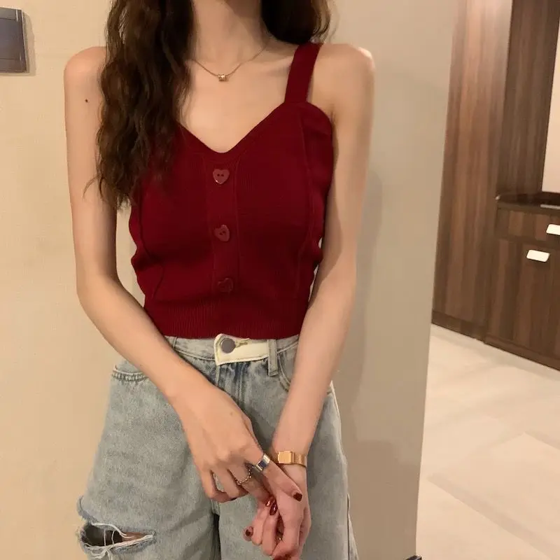 Tank Top Spaghetti Strap Women Summer Fashion 2026 Y2K Cute Korean Knitted Button Tight Casual Vest Crop Top Purple Camis Female
