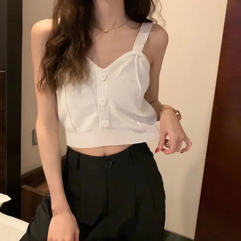 Tank Top Spaghetti Strap Women Summer Fashion 2026 Y2K Cute Korean Knitted Button Tight Casual Vest Crop Top Purple Camis Female