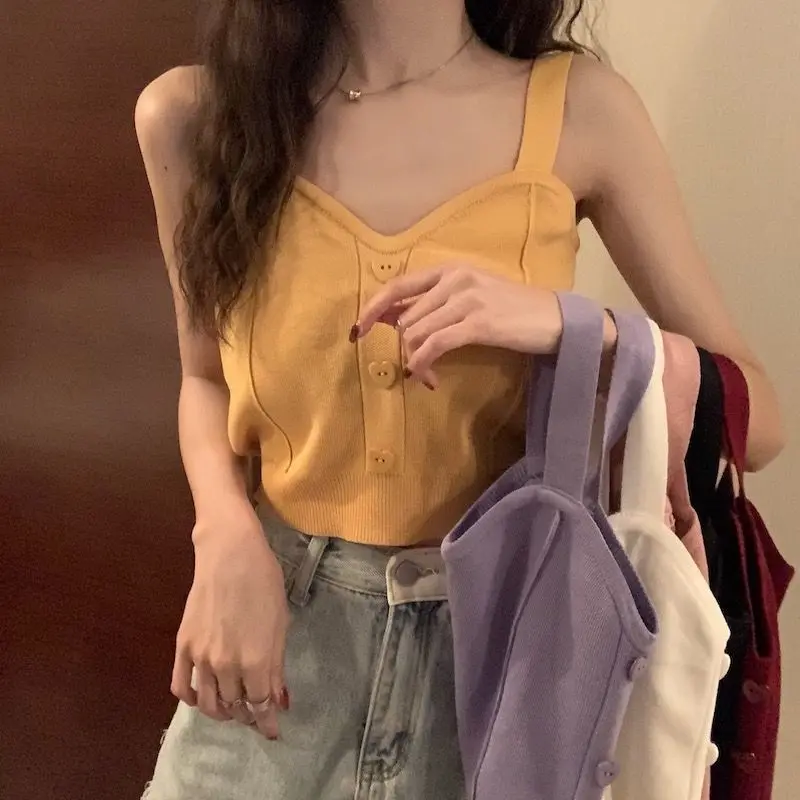 Tank Top Spaghetti Strap Women Summer Fashion 2026 Y2K Cute Korean Knitted Button Tight Casual Vest Crop Top Purple Camis Female