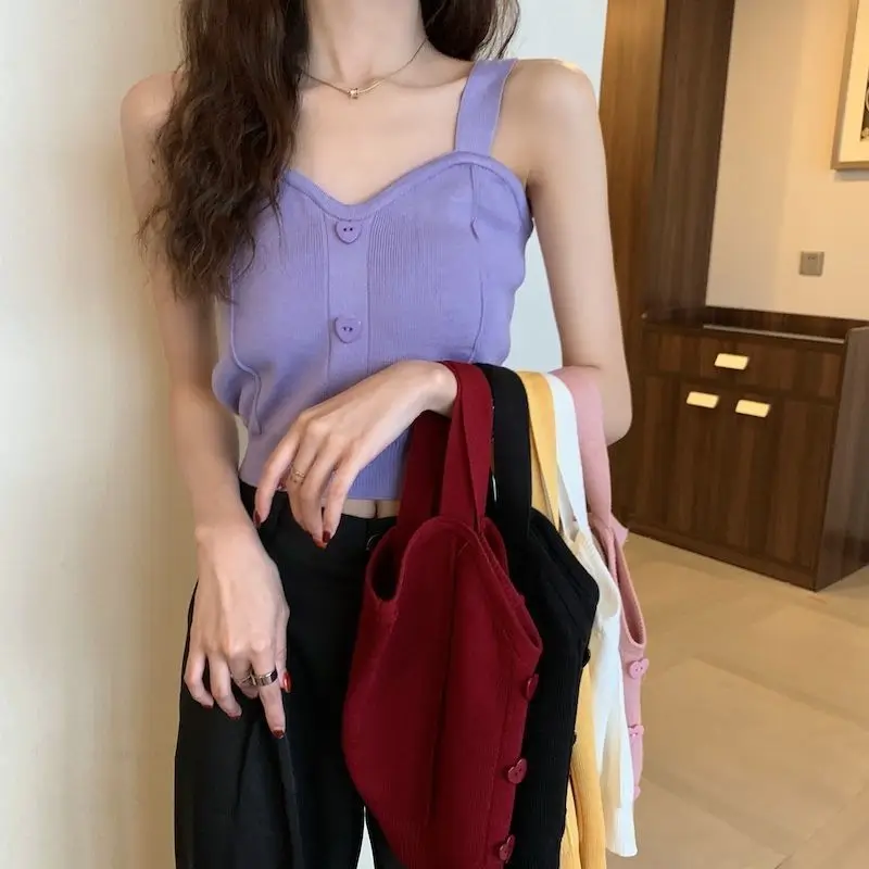Tank Top Spaghetti Strap Women Summer Fashion 2026 Y2K Cute Korean Knitted Button Tight Casual Vest Crop Top Purple Camis Female
