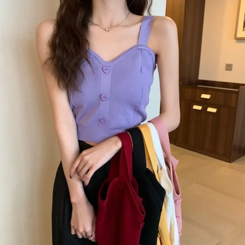 Tank Top Spaghetti Strap Women Summer Fashion 2026 Y2K Cute Korean Knitted Button Tight Casual Vest Crop Top Purple Camis Female