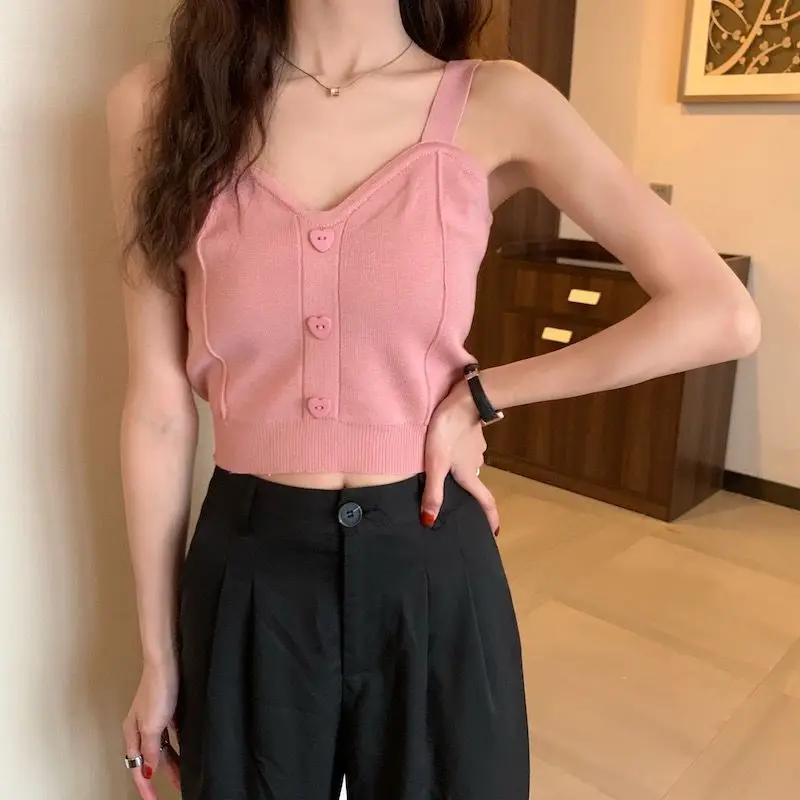 Tank Top Spaghetti Strap Women Summer Fashion 2026 Y2K Cute Korean Knitted Button Tight Casual Vest Crop Top Purple Camis Female