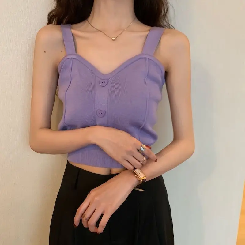 Tank Top Spaghetti Strap Women Summer Fashion 2026 Y2K Cute Korean Knitted Button Tight Casual Vest Crop Top Purple Camis Female
