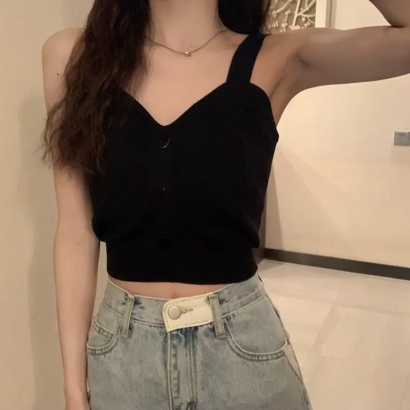 Tank Top Spaghetti Strap Women Summer Fashion 2026 Y2K Cute Korean Knitted Button Tight Casual Vest Crop Top Purple Camis Female
