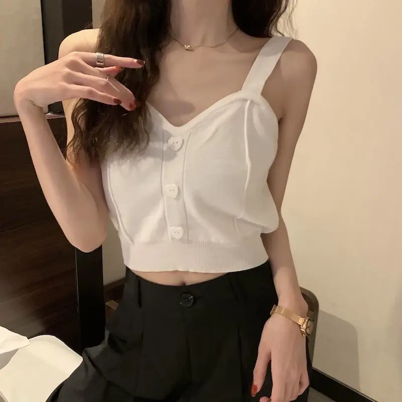 Tank Top Spaghetti Strap Women Summer Fashion 2026 Y2K Cute Korean Knitted Button Tight Casual Vest Crop Top Purple Camis Female