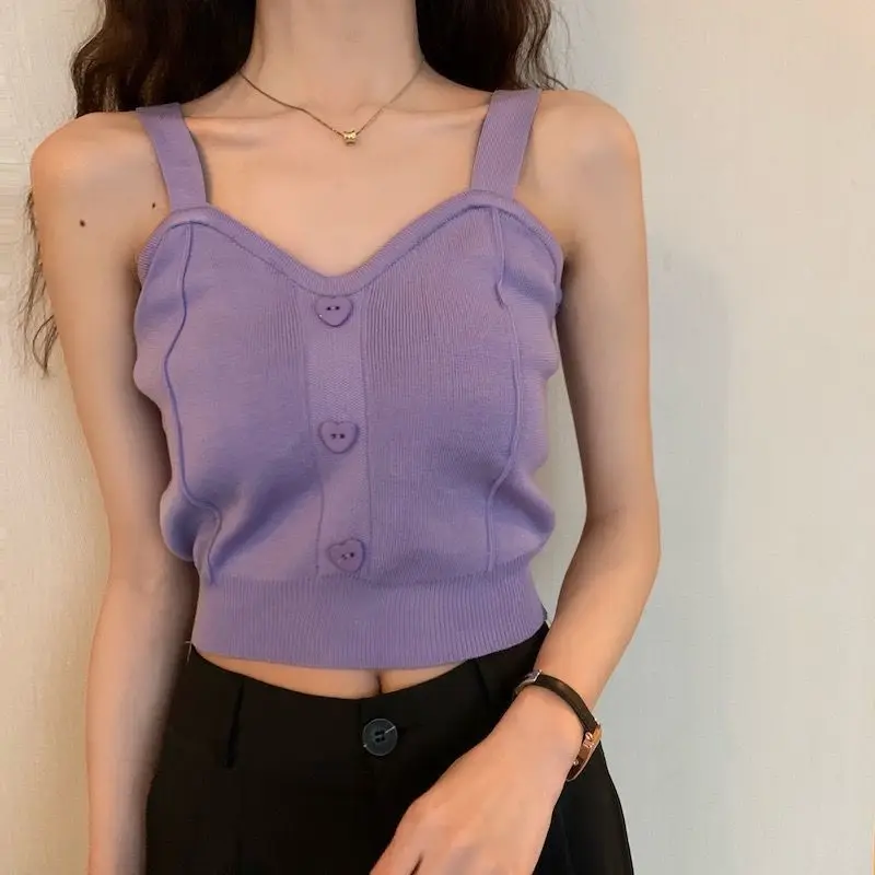 Tank Top Spaghetti Strap Women Summer Fashion 2026 Y2K Cute Korean Knitted Button Tight Casual Vest Crop Top Purple Camis Female