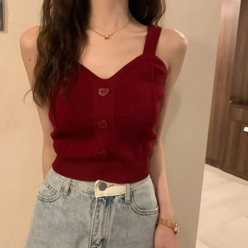 Tank Top Spaghetti Strap Women Summer Fashion 2026 Y2K Cute Korean Knitted Button Tight Casual Vest Crop Top Purple Camis Female
