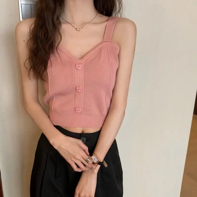 Tank Top Spaghetti Strap Women Summer Fashion 2026 Y2K Cute Korean Knitted Button Tight Casual Vest Crop Top Purple Camis Female