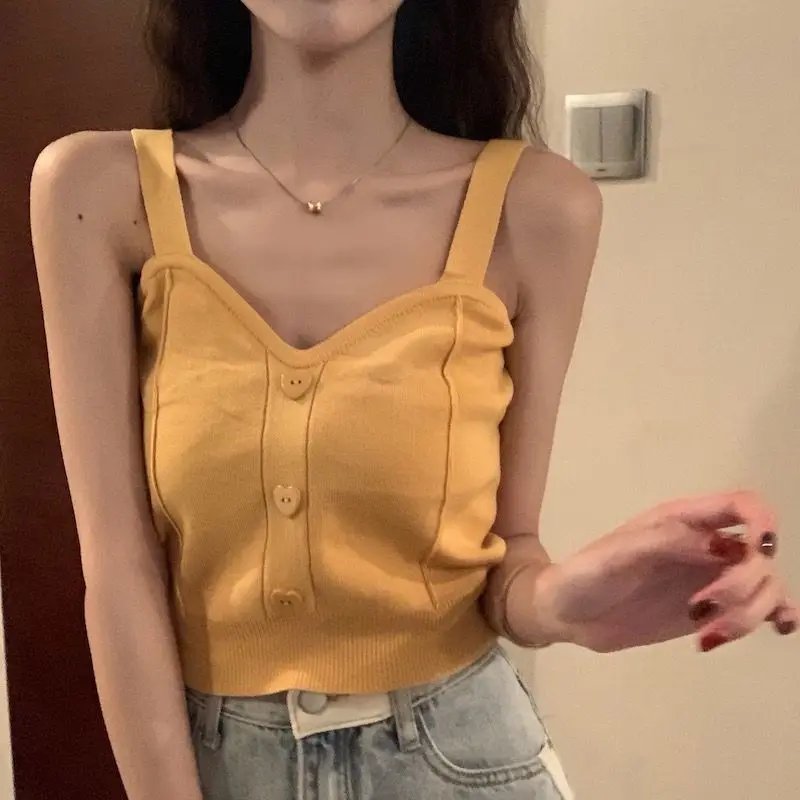 Tank Top Spaghetti Strap Women Summer Fashion 2026 Y2K Cute Korean Knitted Button Tight Casual Vest Crop Top Purple Camis Female