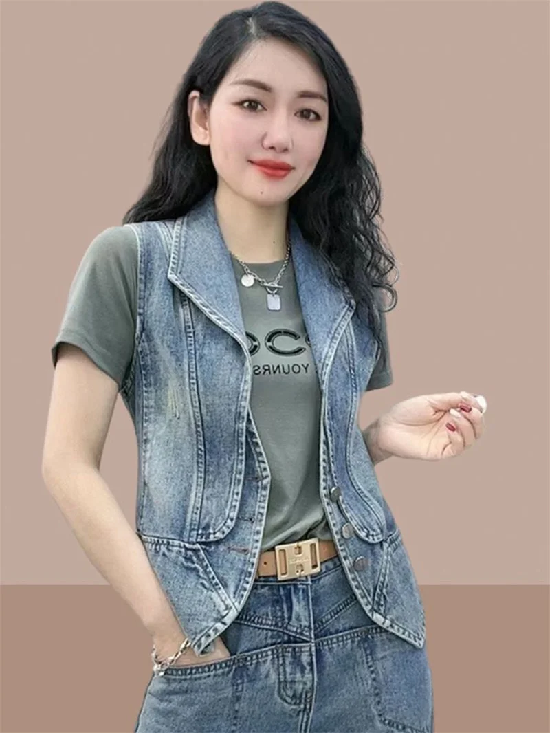 Summer 2026 New Women's Denim Vest Outside Women's Fashion Coat Spring Ladies Vest Slim Denim Jacket split joint Outwear Blue