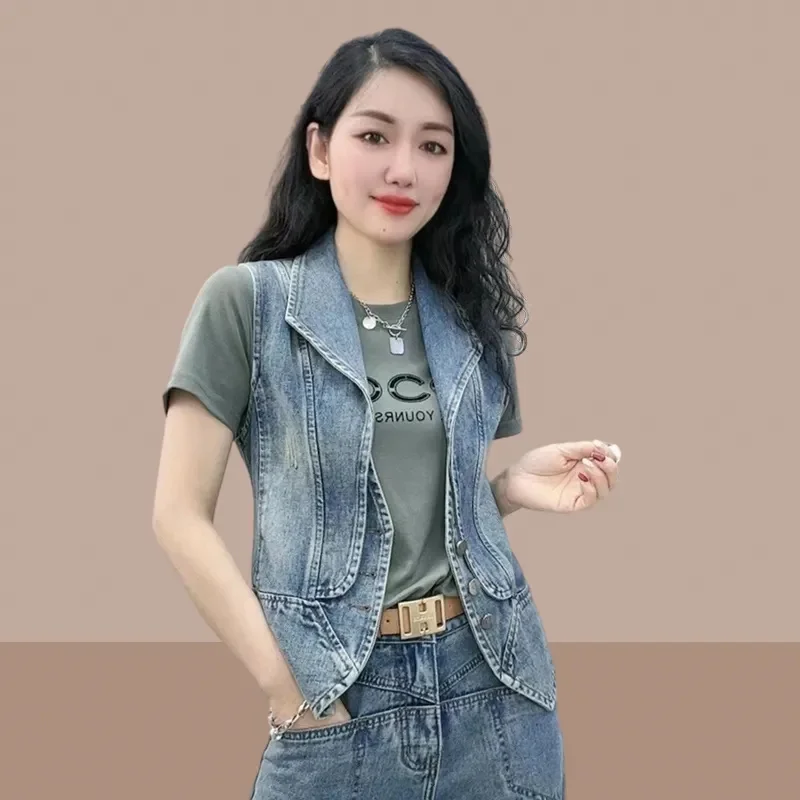 Summer 2026 New Women's Denim Vest Outside Women's Fashion Coat Spring Ladies Vest Slim Denim Jacket split joint Outwear Blue