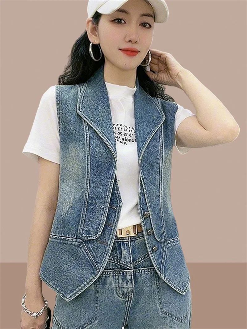 Summer 2026 New Women's Denim Vest Outside Women's Fashion Coat Spring Ladies Vest Slim Denim Jacket split joint Outwear Blue