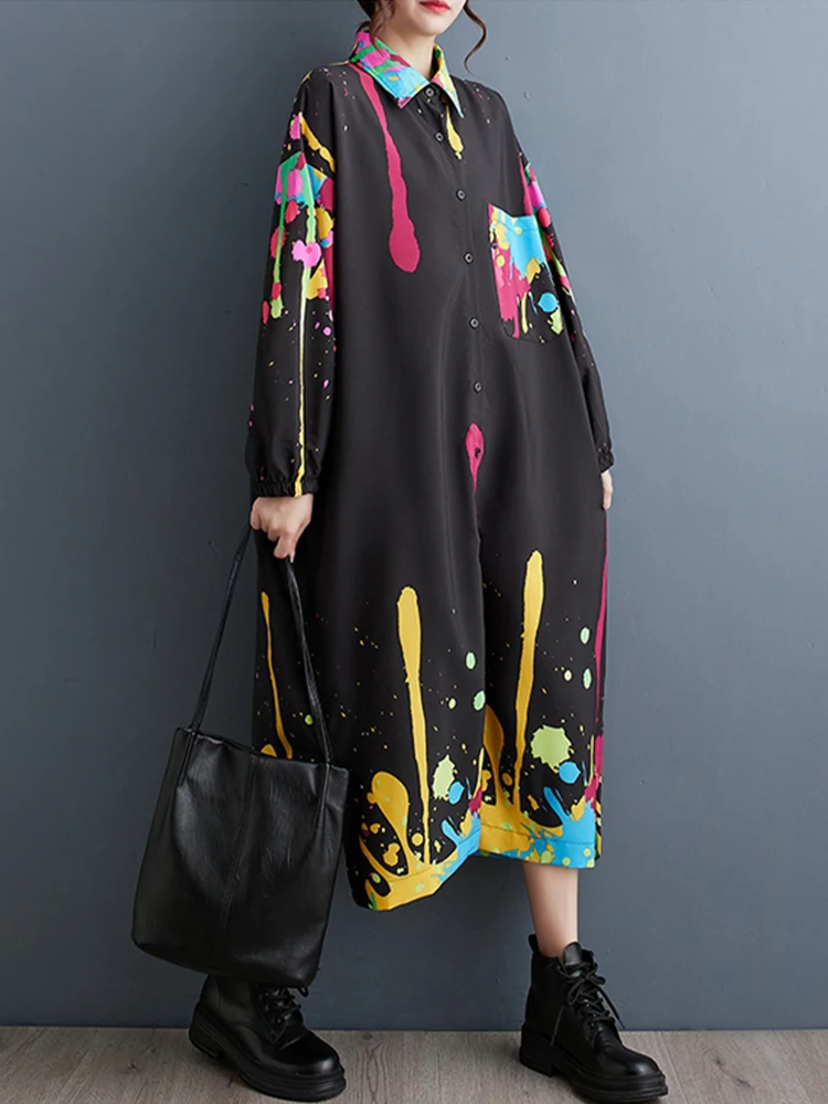 Amax luluE 2025 Autumn Luxury Streetwear Womens Fashion Loose Printed Design Dresses Ladies Casual Vintage Classic Long Vestidos