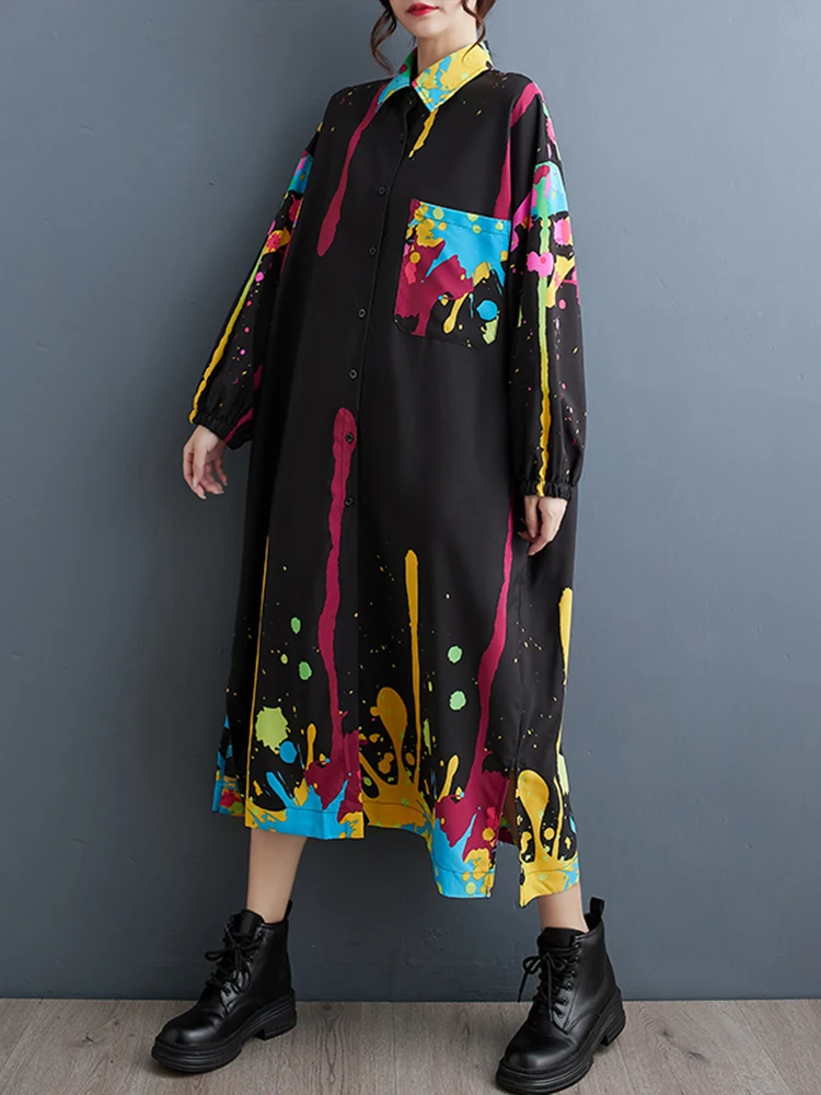 Amax luluE 2025 Autumn Luxury Streetwear Womens Fashion Loose Printed Design Dresses Ladies Casual Vintage Classic Long Vestidos