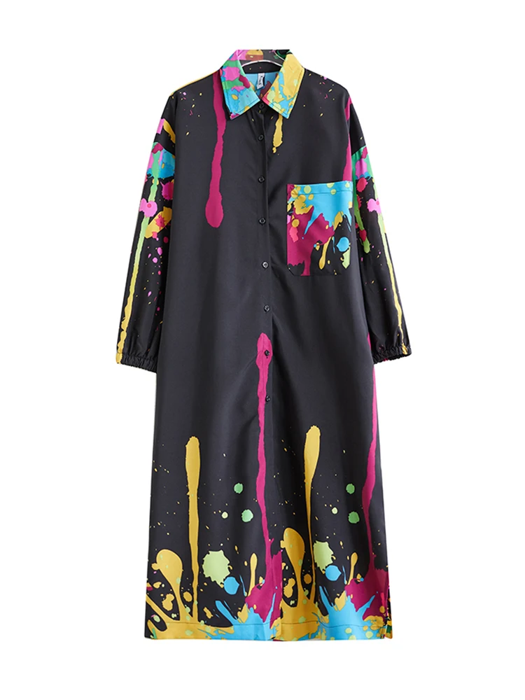Amax luluE 2025 Autumn Luxury Streetwear Womens Fashion Loose Printed Design Dresses Ladies Casual Vintage Classic Long Vestidos